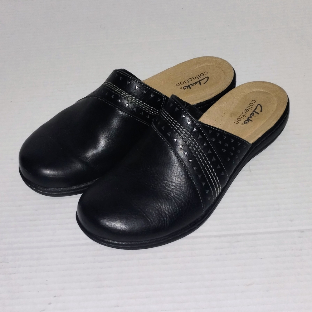 Clarks Collection Black Leather Mules